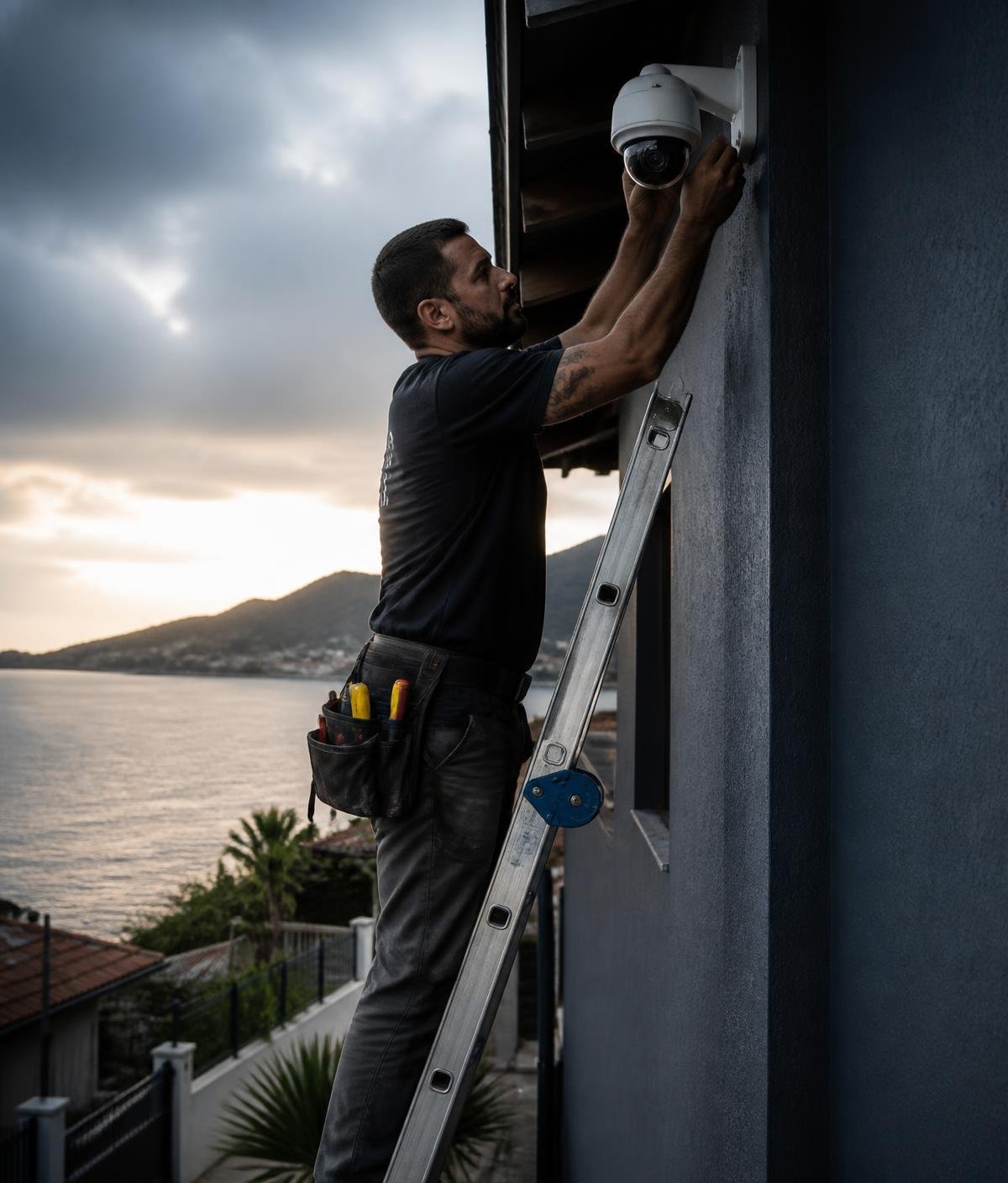 Técnico instalando câmera de segurança na fachada de uma residência na Baixada Santista